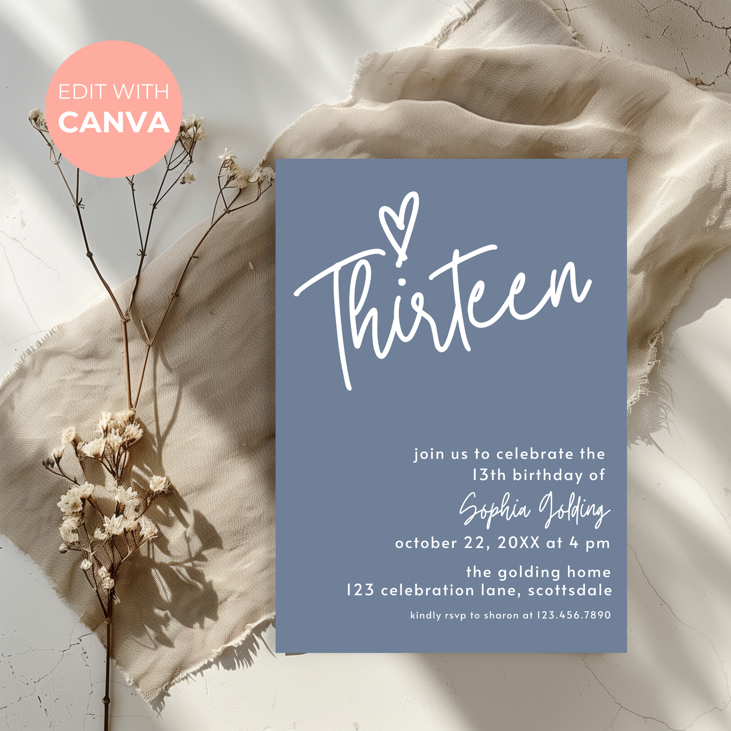 13th Birthday Invitation for Girl Dusty Blue Thirteen Birthday Invite Dusty Blue Birthday Teenager Simple Invitation Printable Template 0011