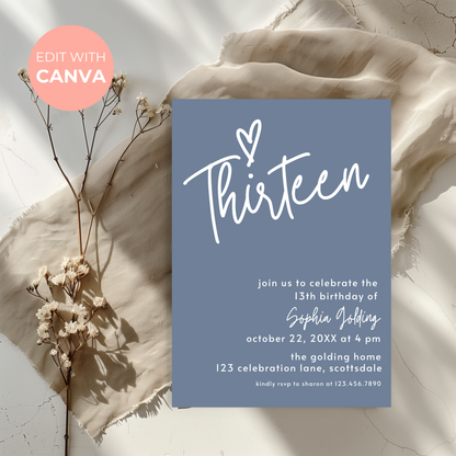 13th Birthday Invitation for Girl Dusty Blue Thirteen Birthday Invite Dusty Blue Birthday Teenager Simple Invitation Printable Template 0011