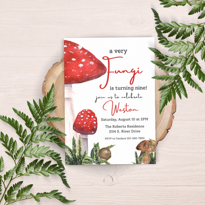 Mushroom 9th Birthday Invitation Template: Fungi Invite Digital Download 0004
