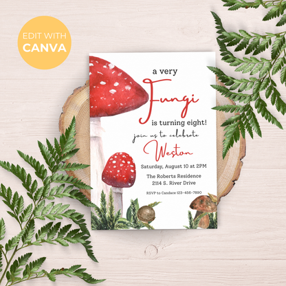 Mushroom 8th Birthday Invitation Template: Digital Download 0004