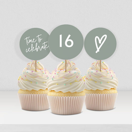 16th Birthday Cupcake Toppers: Sage Green Teen Girl Printable Party Decor 0003