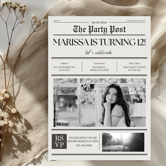 12th Birthday Newspaper Invite: Printable Invitation Template for Teens 0017