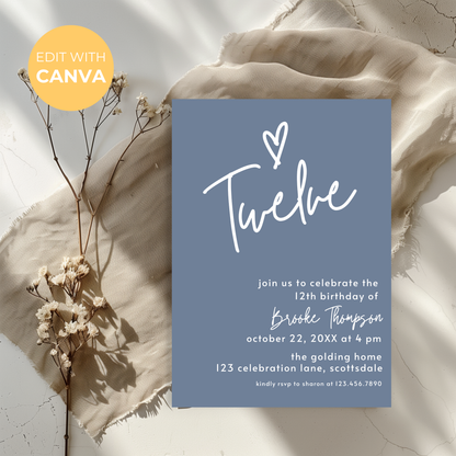 12th Birthday Invitation for Girl Dusty Blue Twelfth Birthday Invite Dusty Blue Birthday Teenager Simple Invitation Printable Template 0011