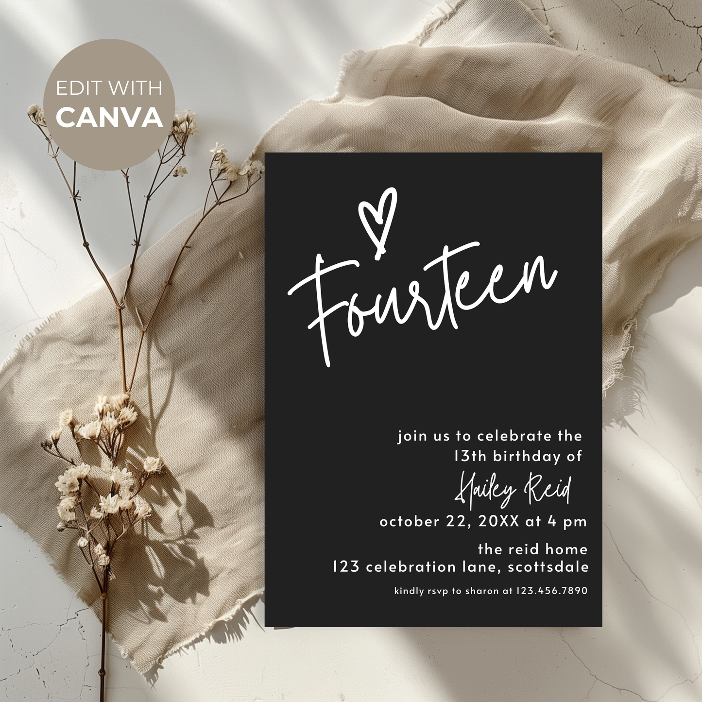 14th Birthday Charcoal Black Invite Template: Simple Teen Girl Printable Invitation 0013