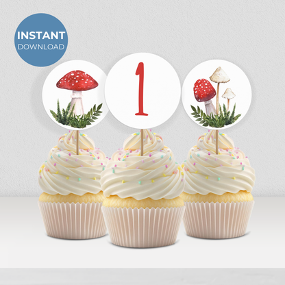 1st Birthday Fungi Cupcake Toppers: Printable Mushroom Party Decor 0004