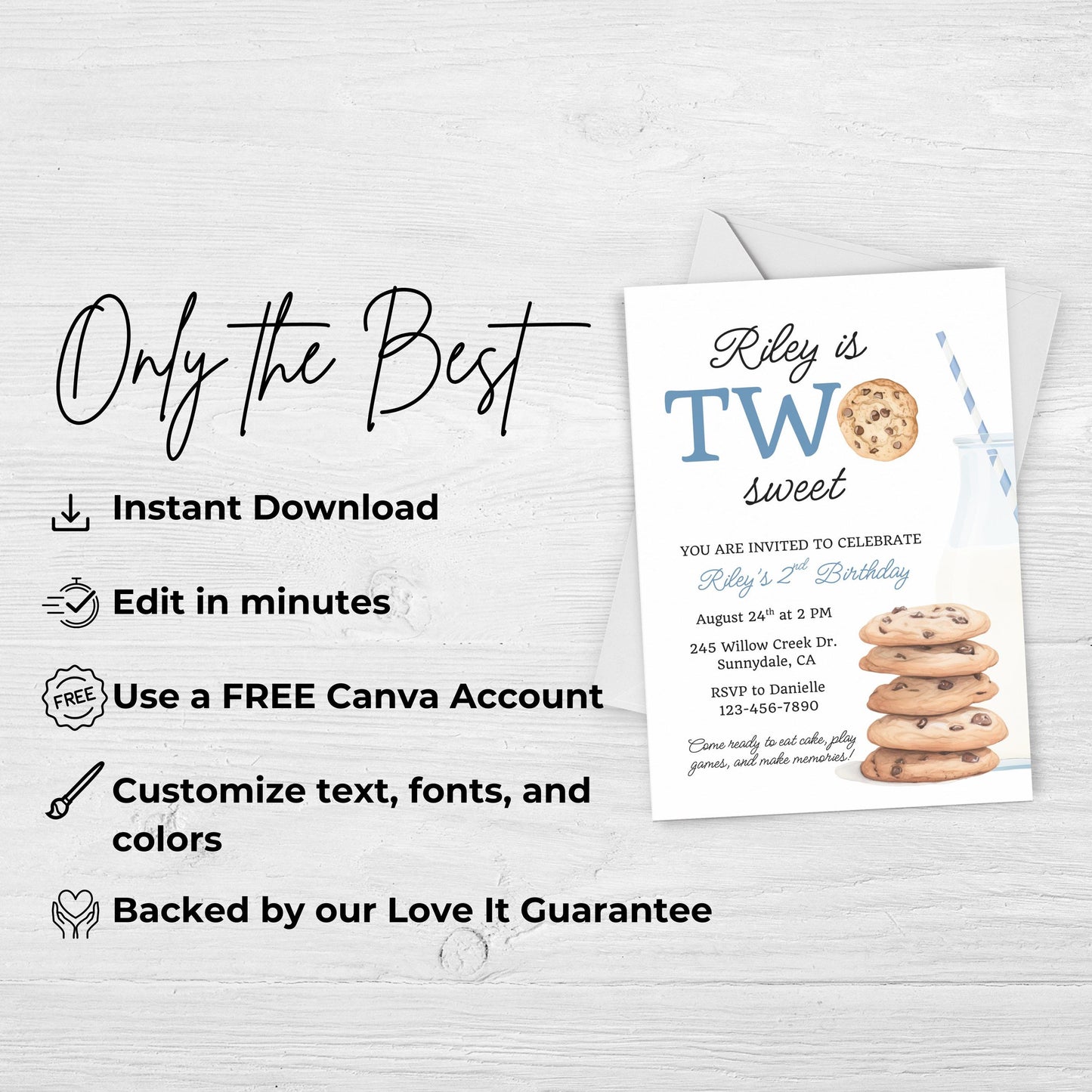 Two Sweet Cookie Birthday Invitation Second Birthday Milk Cookies Party 2nd Birthday Cookie Sweet Celebration Toddler Boy Birthday Cute 0005