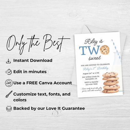 Two Sweet Cookie Birthday Invitation Second Birthday Milk Cookies Party 2nd Birthday Cookie Sweet Celebration Toddler Boy Birthday Cute 0005