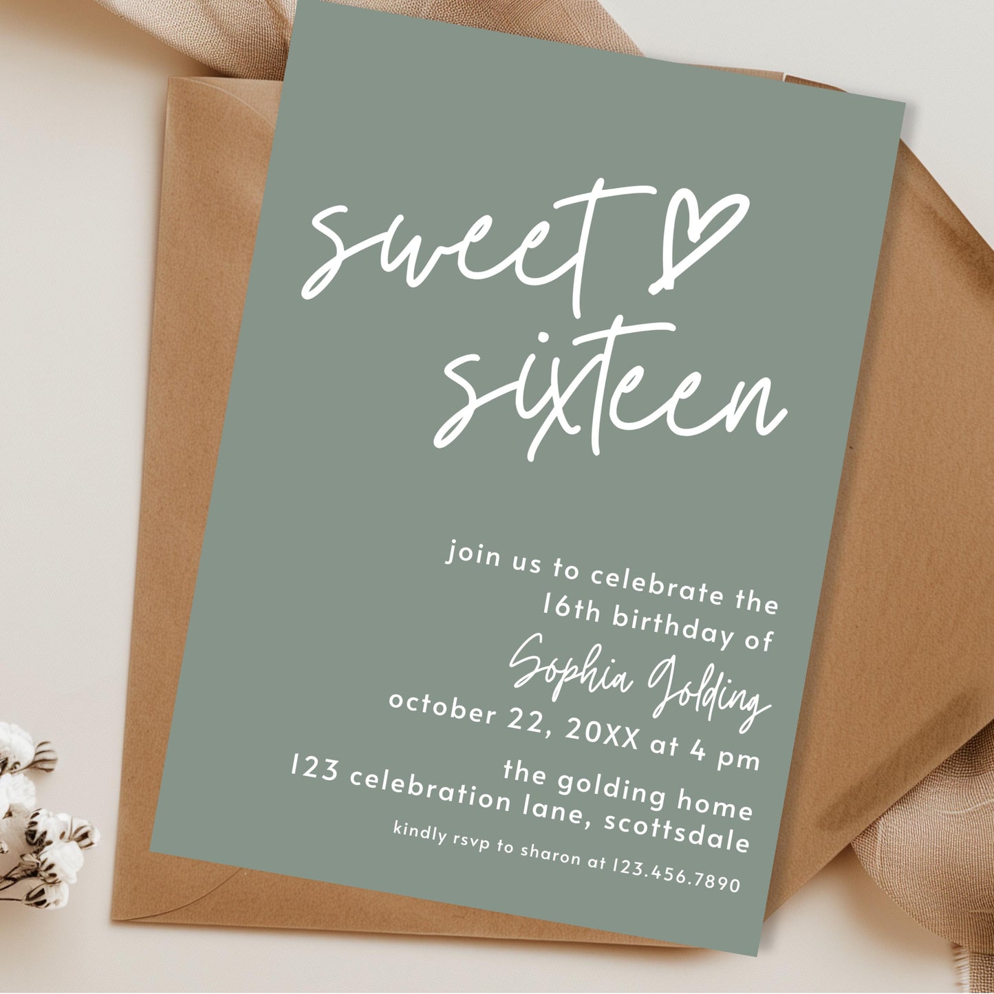 16th Birthday Invitation for Girl Sage Green Sweet Sixteen Invite Sage Green Birthday for Teenager Simple Invitation Printable Template 0003