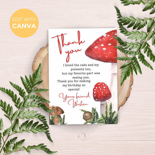 Fungi Thank You Note Birthday Template Editable Mushroom Party Thank You Card Cottagecore Party Whimsical Thank You Letter Celebration 0004