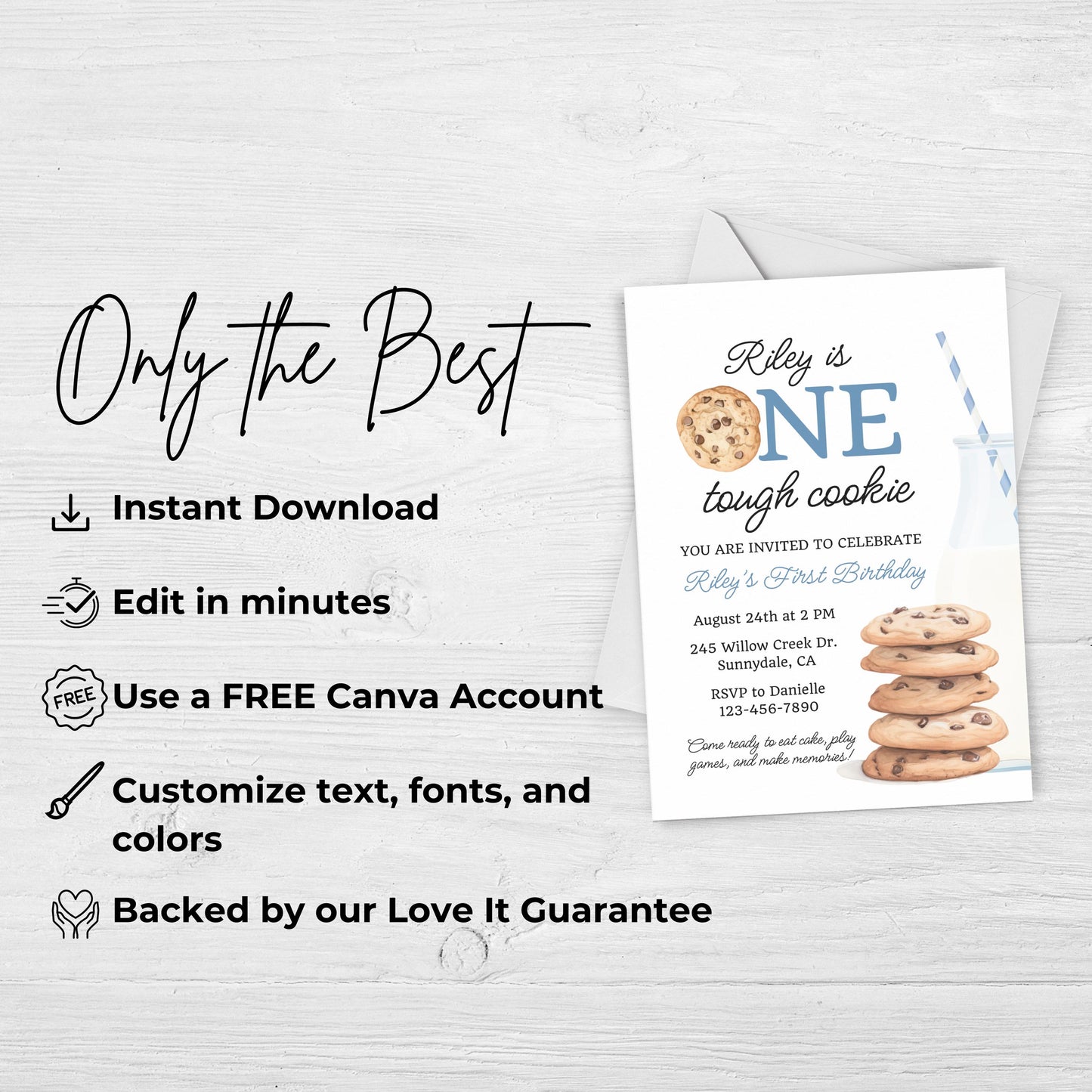 One Tough Cookie Birthday Invitation First Birthday Boy Milk Cookies Party 1st Birthday Cookie Sweet Celebration Toddler Birthday Cute 0005