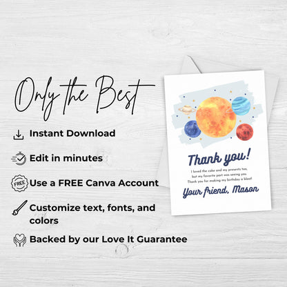 Thank You Note Space Birthday Template Editable Boy Out of This World Thank You Card Solar System Party Galaxy Birthday Party 0001