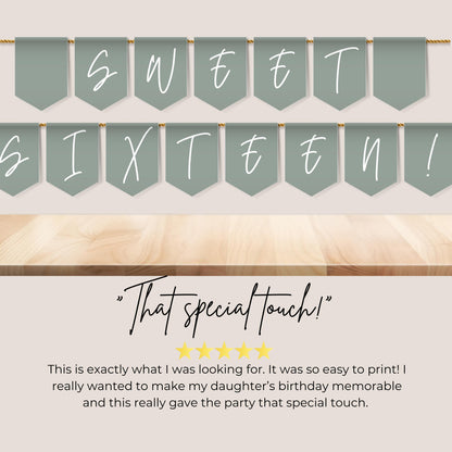 Sage Green Sweet Sixteen Banner Sage Green Party Banner Letters Banner Sage Green Teen Party Sweet 16 Flag Happy Birthday Flags 0003