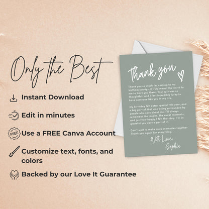 Sage Green Thank You Note Birthday Template Editable Teenage Girl Thank You Card Simple Modern Party Boho Thank You Letter Celebration 0003