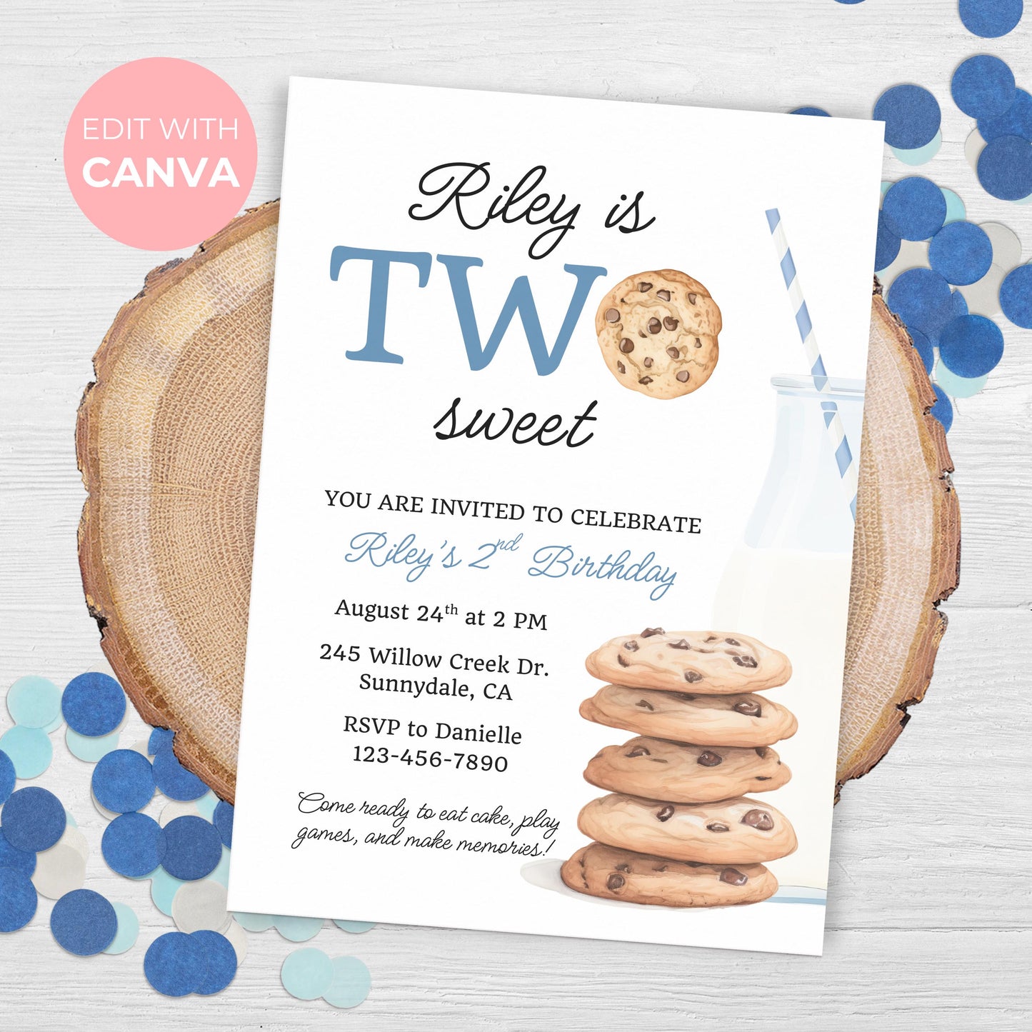 Two Sweet Cookie Birthday Invitation Second Birthday Milk Cookies Party 2nd Birthday Cookie Sweet Celebration Toddler Boy Birthday Cute 0005