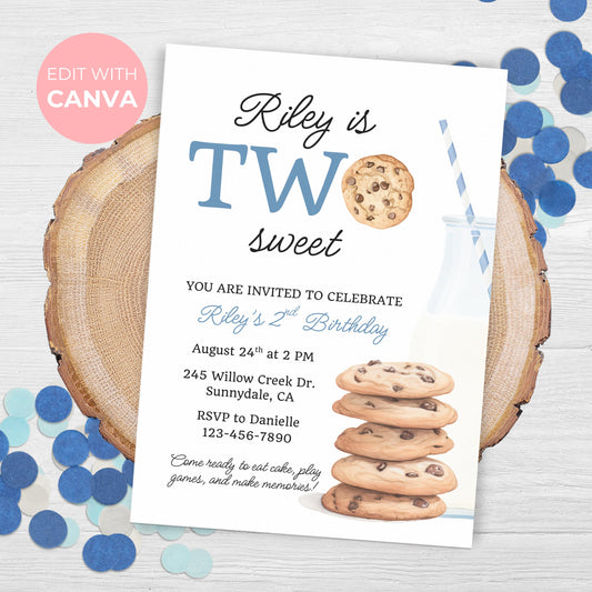 Two Sweet Cookie Birthday Invitation Second Birthday Milk Cookies Party 2nd Birthday Cookie Sweet Celebration Toddler Boy Birthday Cute 0005