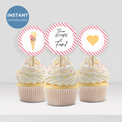 Three Scoops of Fun Cupcake Toppers Birthday Ice Cream Party Decorations Here's the Scoop Birthday Decor Party Supplies Sweet Topper 0002