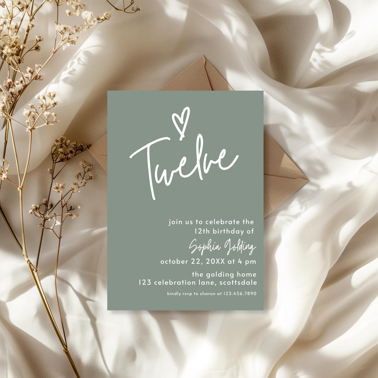 12th Birthday Invitation for Girl Sage Green Twelfth Birthday Invite for Teenager Simple Elegant Invitation Printable Template Modern 0003