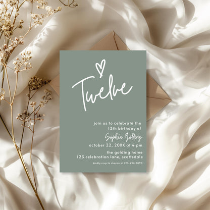 12th Birthday Invitation for Girl Sage Green Twelfth Birthday Invite for Teenager Simple Elegant Invitation Printable Template Modern 0003