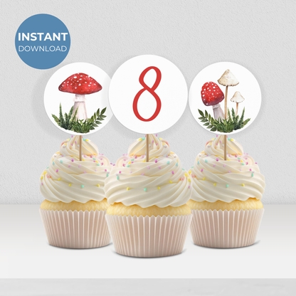 8th Birthday Mushroom Cupcake Toppers: Printable Fungi Party Decor 0004