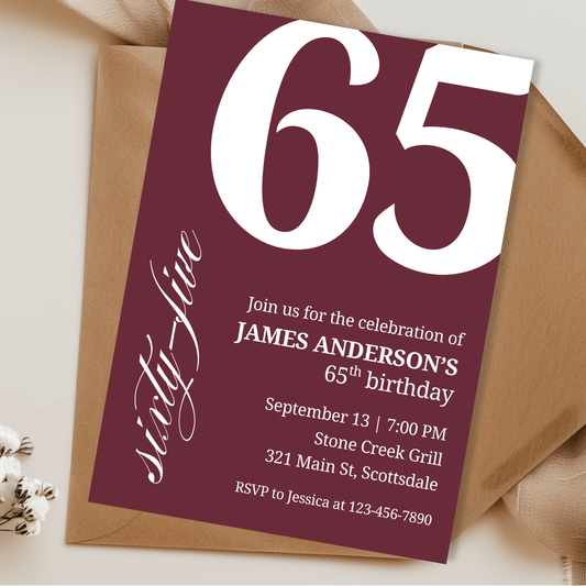 65th Birthday Invite for Men: Editable Maroon Invitation Template for Him 0007