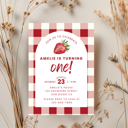 Strawberry Birthday Invitation: First Birthday Girl Editable Printable Invite 0010