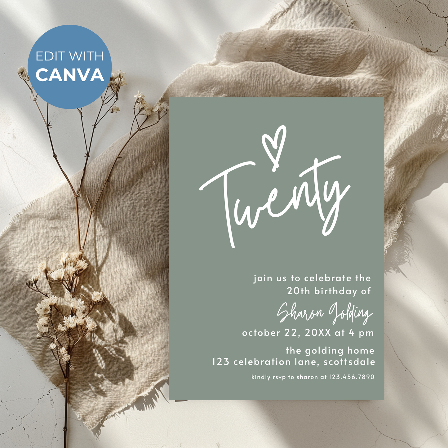 20th Birthday Invitation Sage Green Twentieth Birthday Invite for Woman Simple Elegant Invitation Printable Template Modern Adult 0014