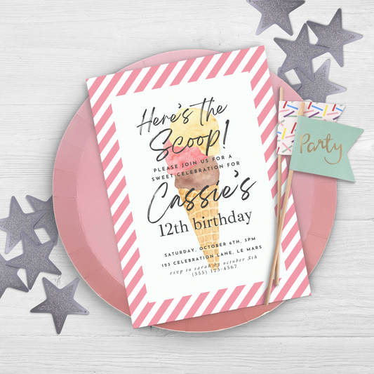 Here's the Scoop Invitation Ice Cream Birthday Party Invite Twelfth Birthday Invite Template Girls Sweet Birthday Party 12th Birthday 0002