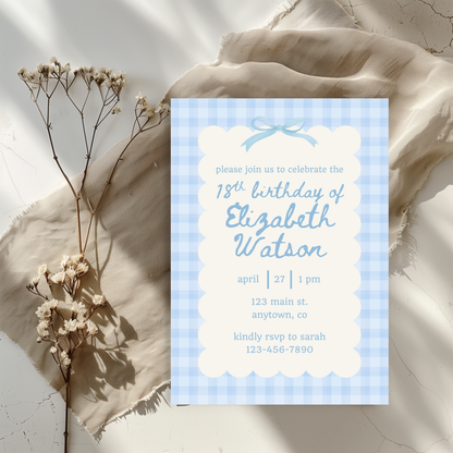 18th Birthday Blue Gingham Invite Template: Simple Women's Invitation Printable 0012