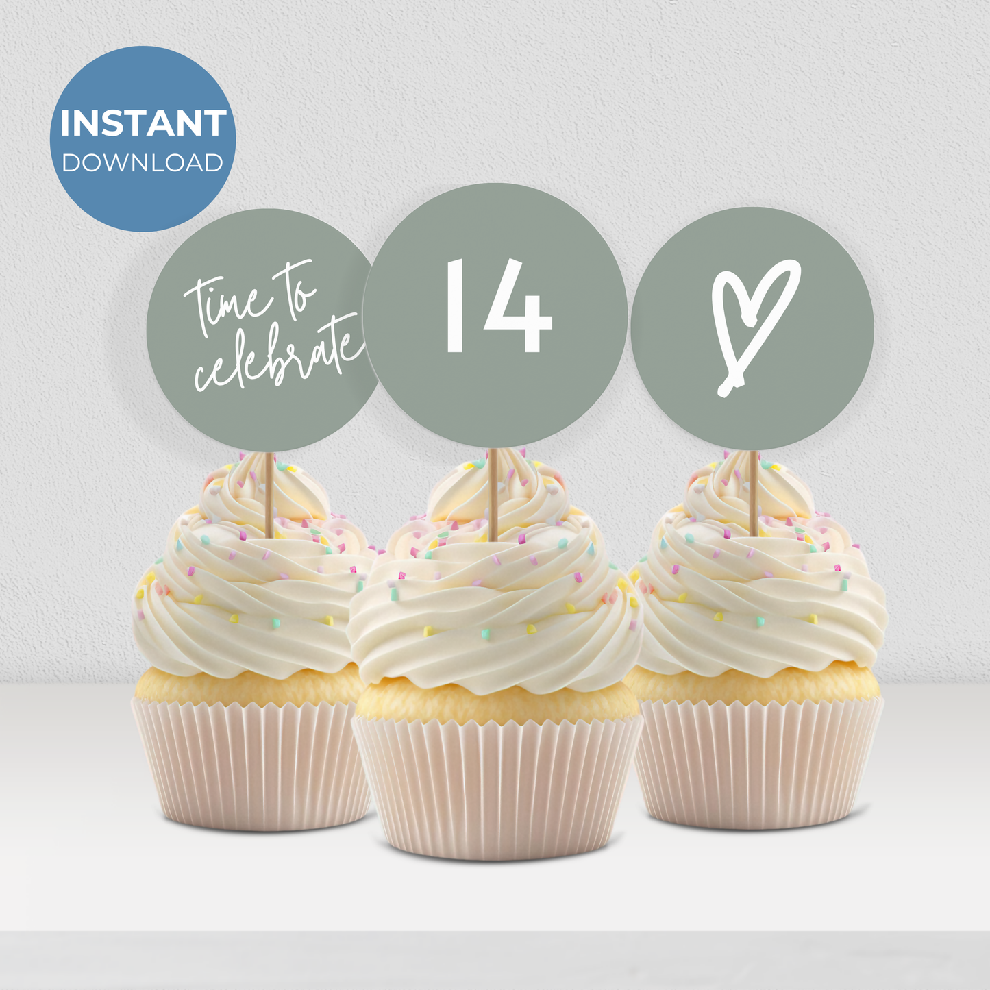 14th Birthday Cupcake Toppers: Sage Green Teen Girl Printable Party Decor 0003