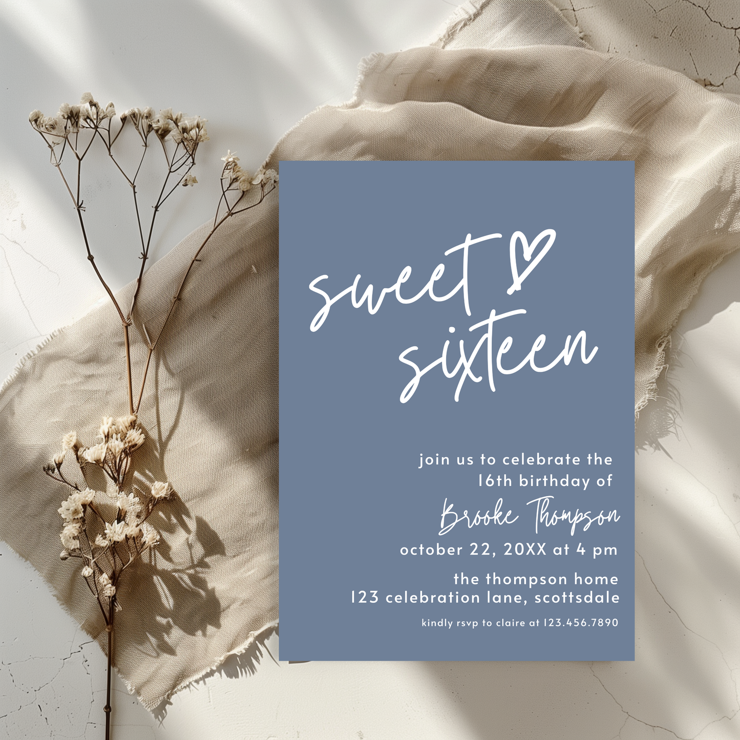 16th Birthday Invitation for Girl Dusty Blue Sweet Sixteen Invite Dusty Blue Birthday for Teenager Simple Invitation Printable Template 0011