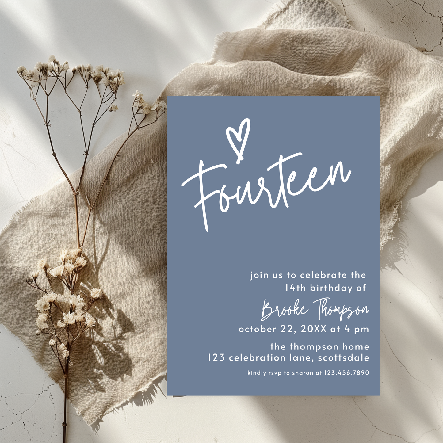 14th Birthday Dusty Blue Invite Template: Simple Teen Girl Printable Invitation 0011