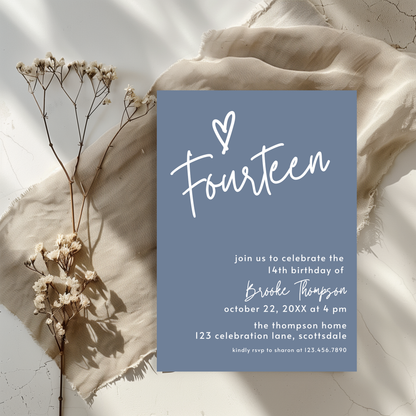 14th Birthday Dusty Blue Invite Template: Simple Teen Girl Printable Invitation 0011