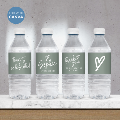 13th Birthday Sage Green Water Bottle Labels Printable Girl Party Favor Sage Green Thirteenth Birthday Teen Girl Minimalist Decoration 0003
