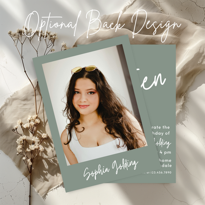 13th Birthday Photo Invitation Sage Green Thirteenth Birthday Invite for Teenager Simple Elegant Invitation Printable Template Modern 0003