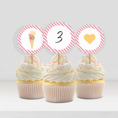 Cupcake Toppers 3rd Birthday Ice Cream Party Decorations Here's the Scoop Third Birthday Decor Party Supplies Sweet Birthday Cake Top 0002