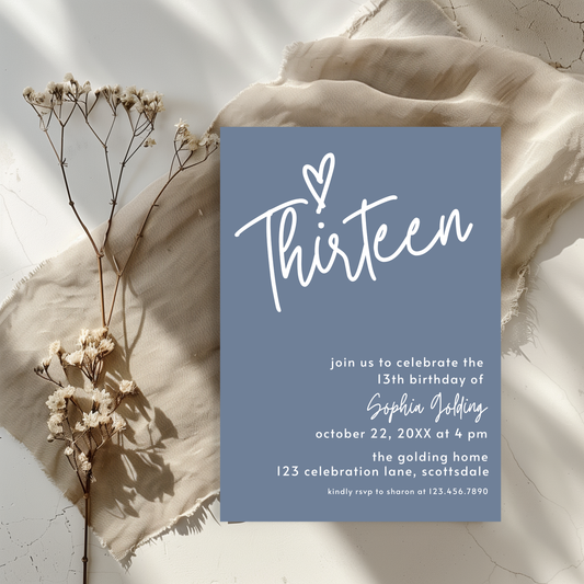 13th Birthday Invitation for Girl Dusty Blue Thirteen Birthday Invite Dusty Blue Birthday Teenager Simple Invitation Printable Template 0011