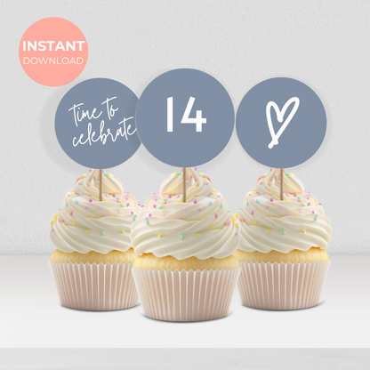 14th Birthday Cupcake Toppers: Dusty Blue Teen Girl Printable Party Decor 0011
