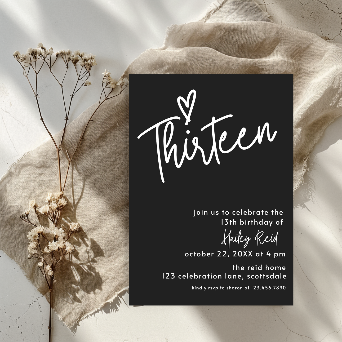 13th Birthday Charcoal Black Invite Template: Simple Teen Girl Printable 0013