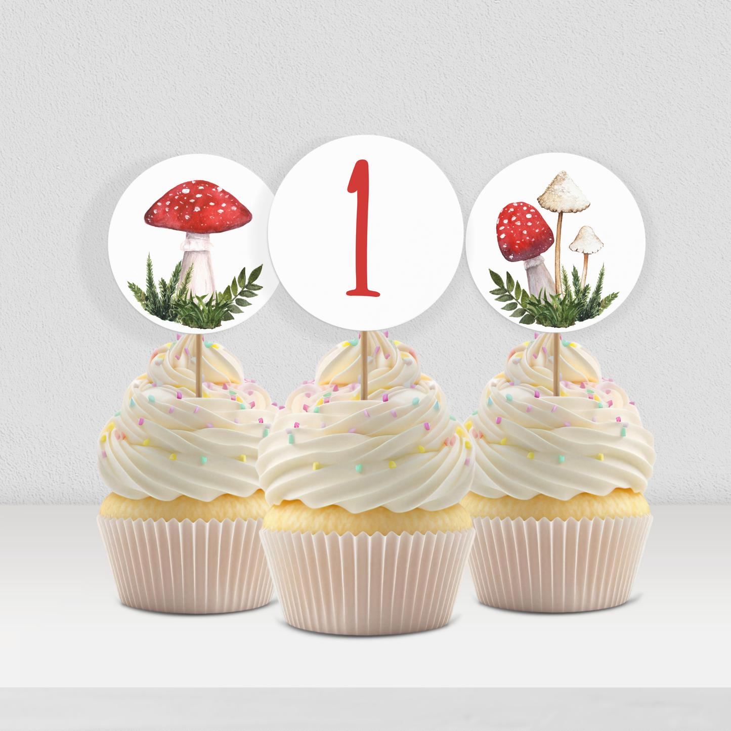 1st Birthday Fungi Cupcake Toppers: Printable Mushroom Party Decor 0004