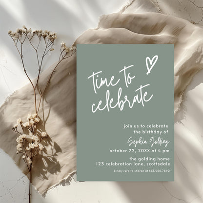 Sage Green Invite Time to Celebrate Birthday Invitation for Girl Sage Green Birthday Teenager Simple Modern Adult Invitation Printable 0003