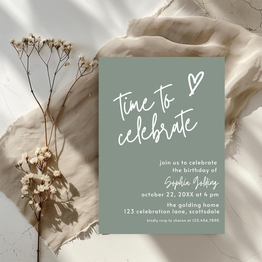 Sage Green Invite Time to Celebrate Birthday Invitation for Girl Sage Green Birthday Teenager Simple Modern Adult Invitation Printable 0003