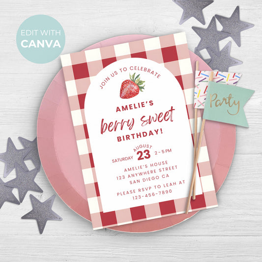 Berry Sweet Birthday Invitation Strawberry Birthday Invitation Berry Sweet Birthday Invite Berry Sweet Birthday Strawberry Gingham 0010