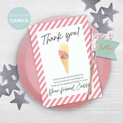 Thank You Note Here's the Scoop Birthday Template Editable Scoops of Fun Thank You Card Ice Cream Theme Birthday Party Sweet Girl 0002