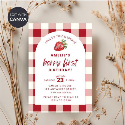 Berry First Birthday Invitation Strawberry Birthday Invitation Berry 1st Birthday Invite Berry Sweet One Birthday Strawberry Gingham 0010