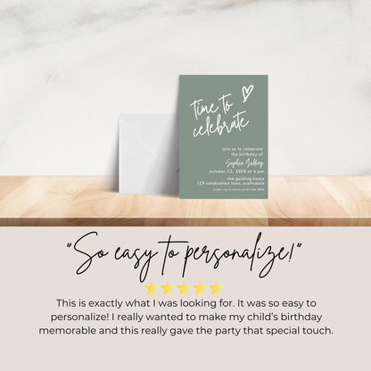 Sage Green Invite Time to Celebrate Birthday Invitation for Girl Sage Green Birthday Teenager Simple Modern Adult Invitation Printable 0003