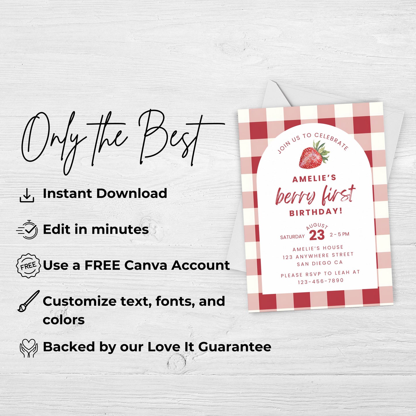 Berry First Birthday Invitation Strawberry Birthday Invitation Berry 1st Birthday Invite Berry Sweet One Birthday Strawberry Gingham 0010