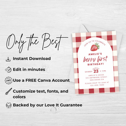 Berry First Birthday Invitation Strawberry Birthday Invitation Berry 1st Birthday Invite Berry Sweet One Birthday Strawberry Gingham 0010