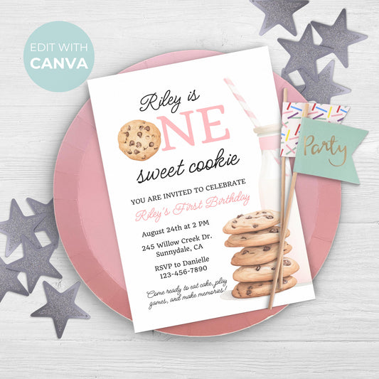 One Sweet Cookie Birthday Invitation First Birthday Girl Milk Cookies Party 1st Birthday Cookie Sweet Celebration Toddler Birthday Cute 0009