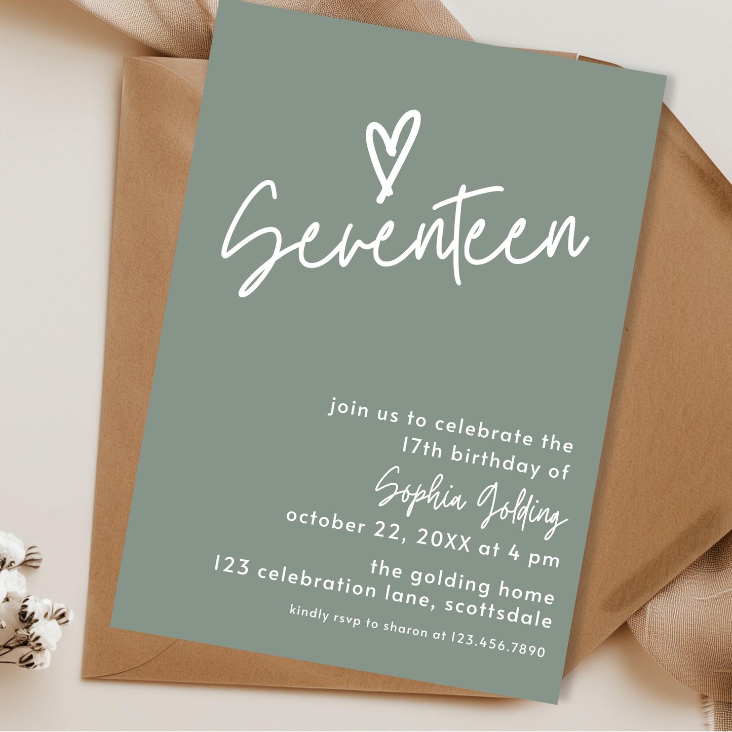 17th Birthday Invitation for Girl Sage Green Seventeen Invite Sage Green Birthday for Teenager Simple Modern Invitation Printable 0003