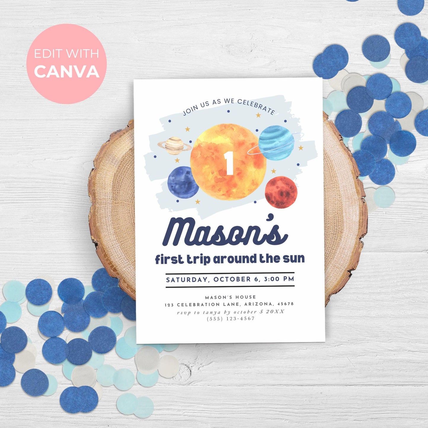 First Trip Around the Sun Birthday Invitation Space Party Editable Outer Space Invite Out of This World Galaxy Solar System Party 0001